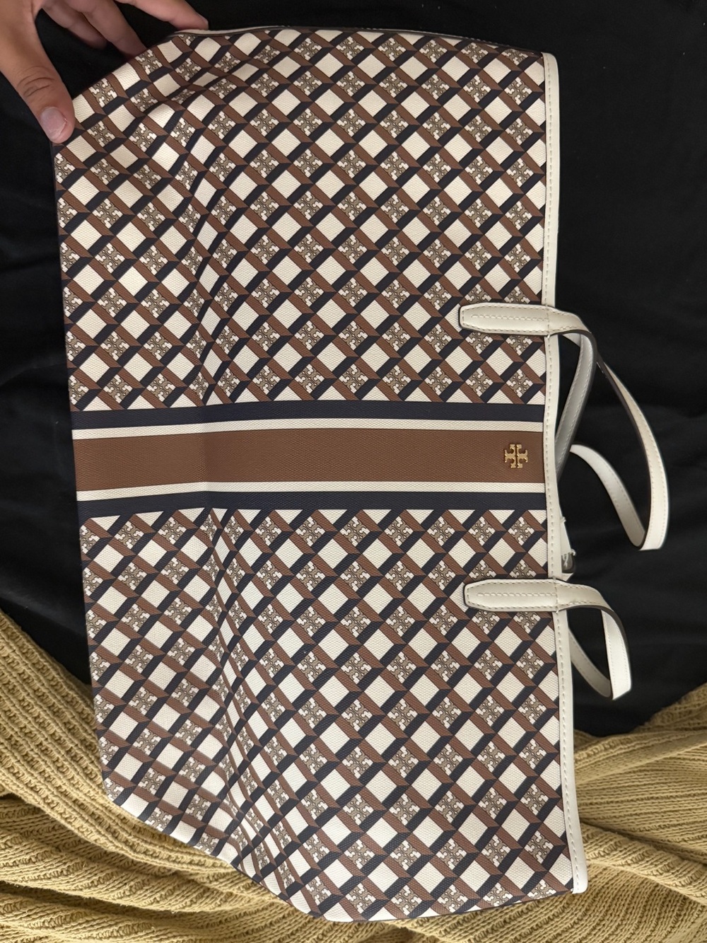 Tory Burch Brown and Cream Patterned Tote with Gold Logo